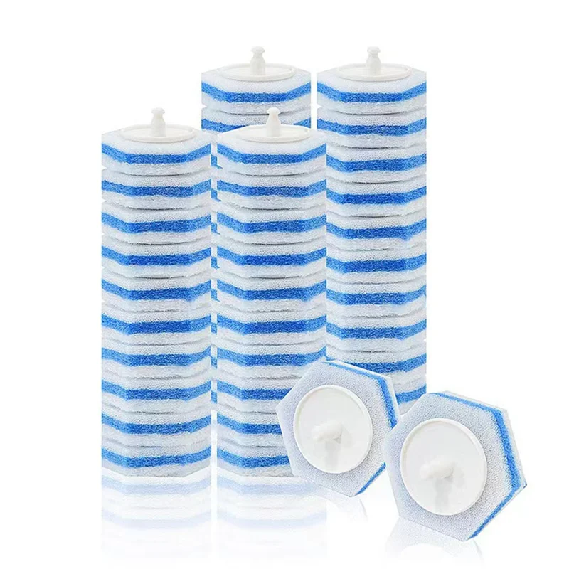 A stack of disposable toilet wand refills with built-in cleaner in blue and white stripes.