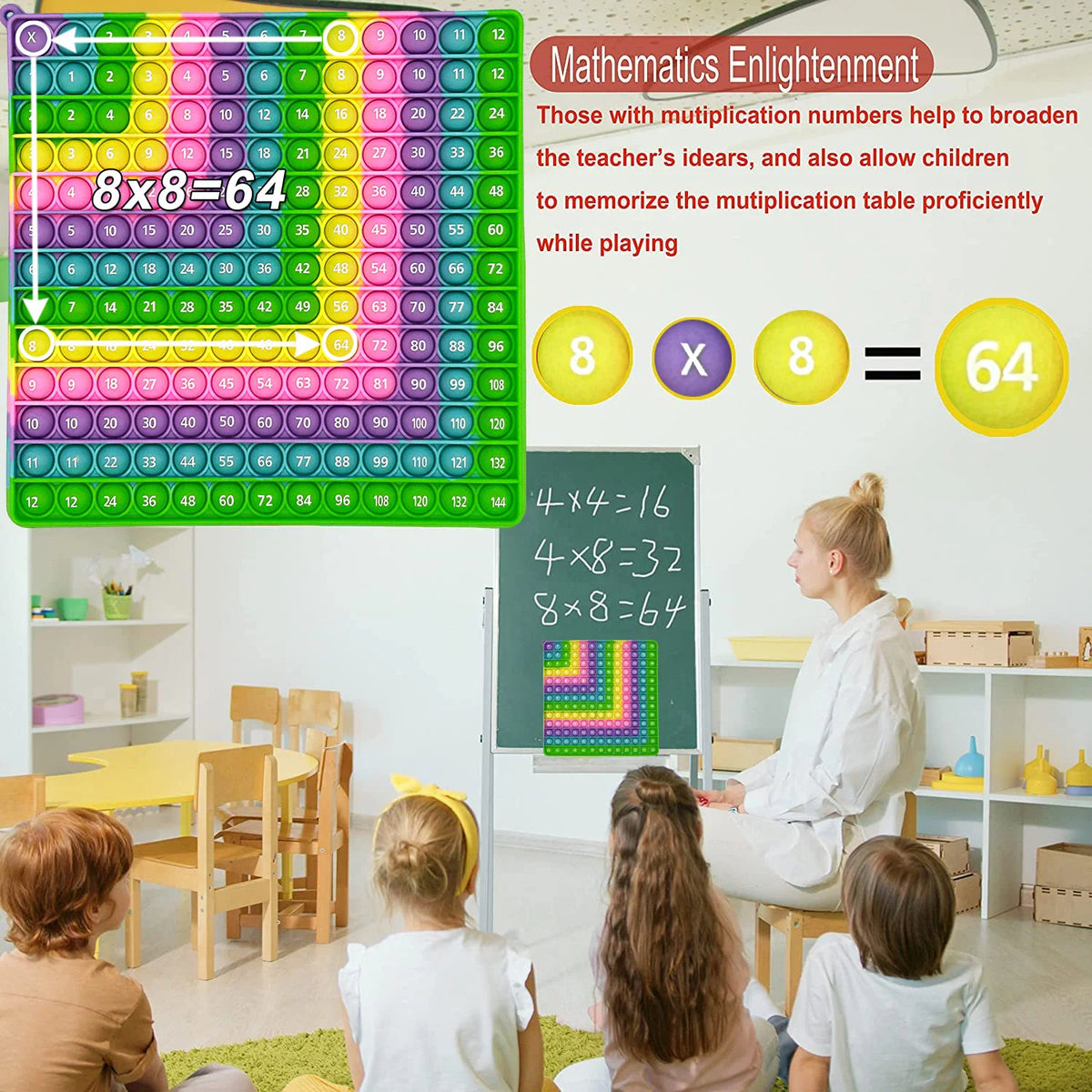A colorful push bubble math game for kids showing multiplication facts like 8x8=64.