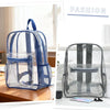 A transparent blue PVC backpack with cushioned straps is shown next to a clear gray version.
