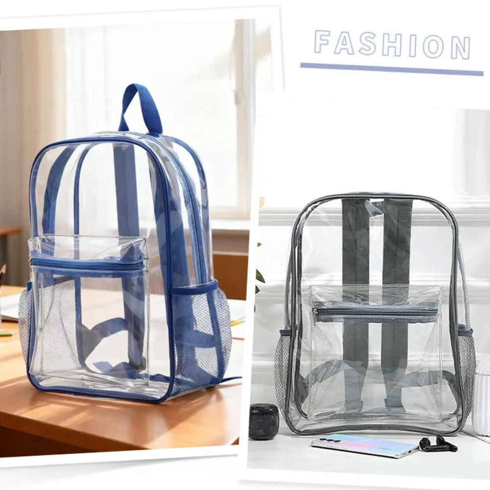 A transparent blue PVC backpack with cushioned straps is shown next to a clear gray version.