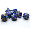 A set of blue dragon-embellished polyhedral dice for tabletop role-playing games