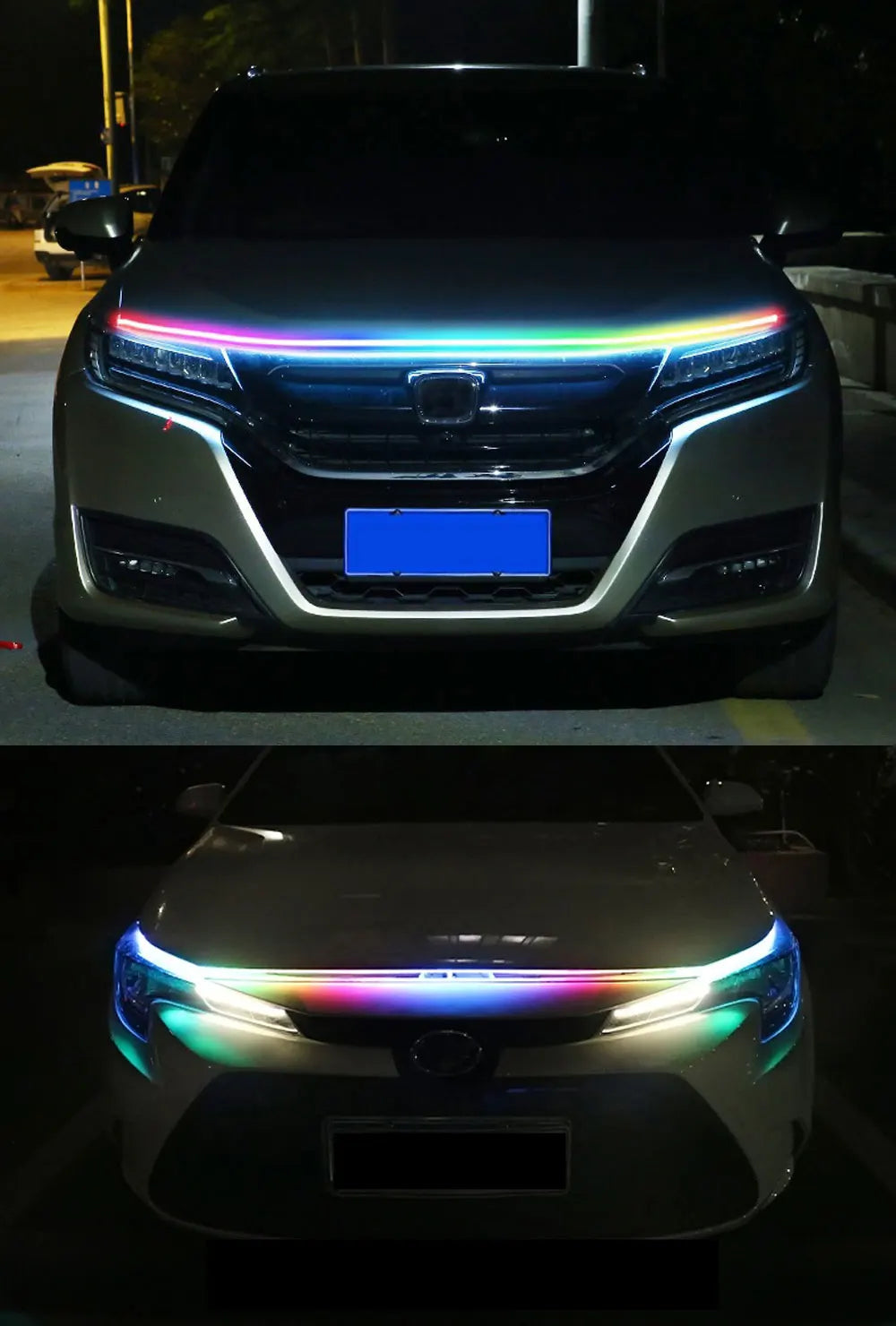 Front view of a car with an RGB LED light strip running across the hood and headlights.