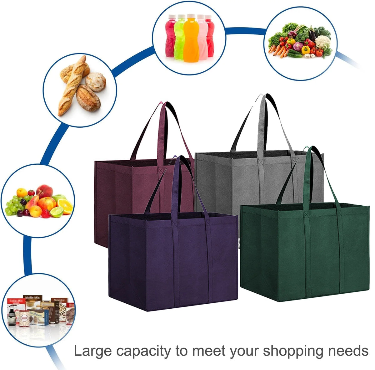 Reusable Non-Woven Grocery Tote Bags, 6-Pack Foldable Shopping Bags with Long Handles