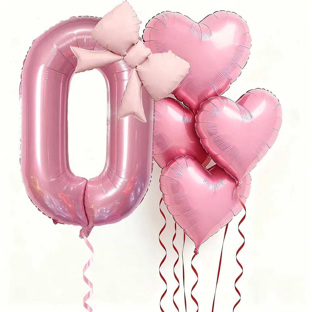 Pink Bow Heart and Number Foil Balloon Set for Celebrations