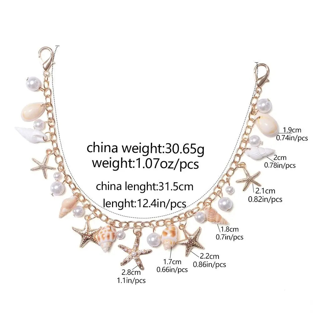 Gold metal chain necklace featuring starfish and pearl charms for bag decoration