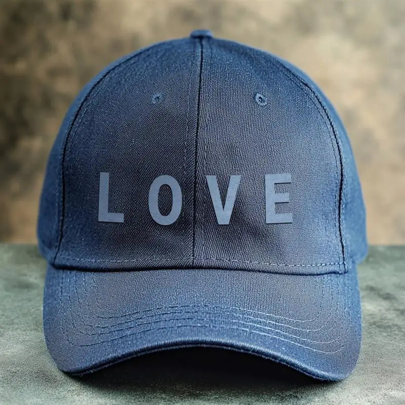 A dark blue denim baseball cap featuring the word LOVE embroidered on the front.