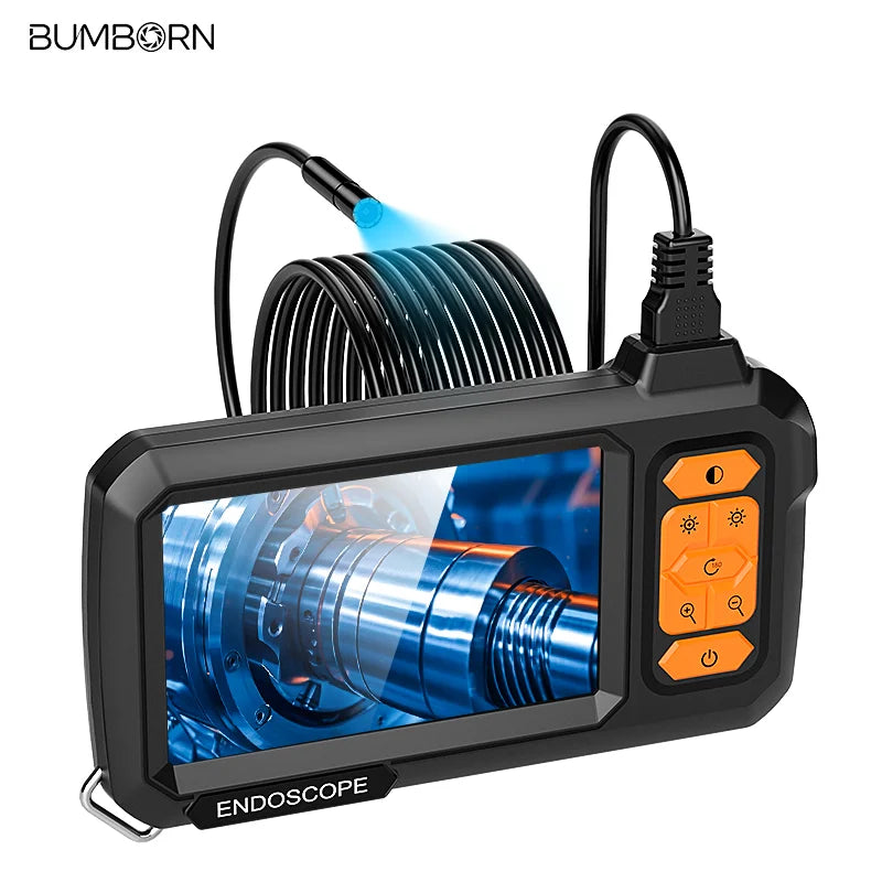 A black industrial endoscope probe with a flexible light source is shown for pipe inspection.