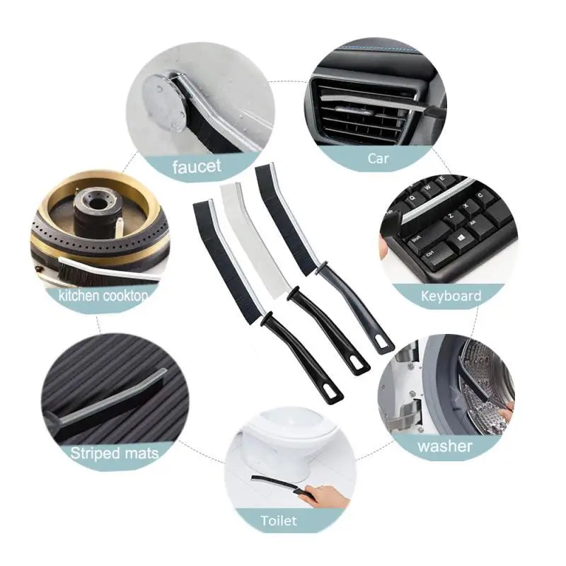 A set of crevice cleaning brushes shown in various contexts including a faucet, car, keyboard, and toilet.