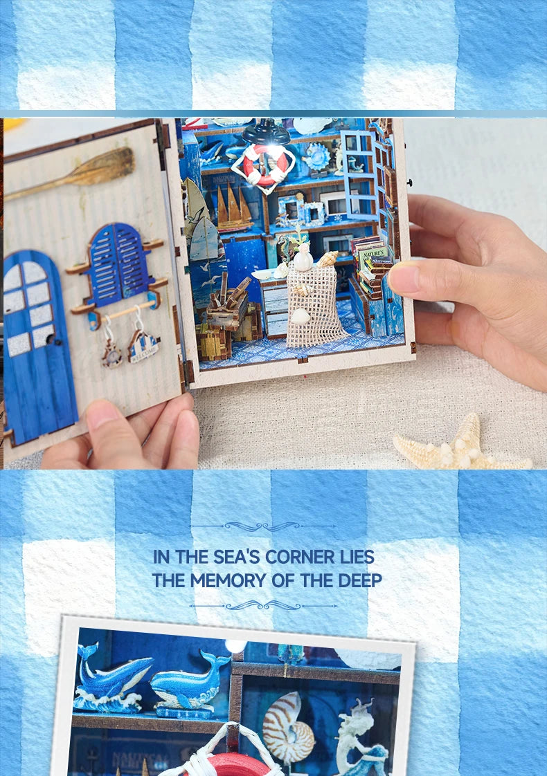 A DIY book nook kit featuring a detailed sea scene with blue and white elements, displayed in an open box.