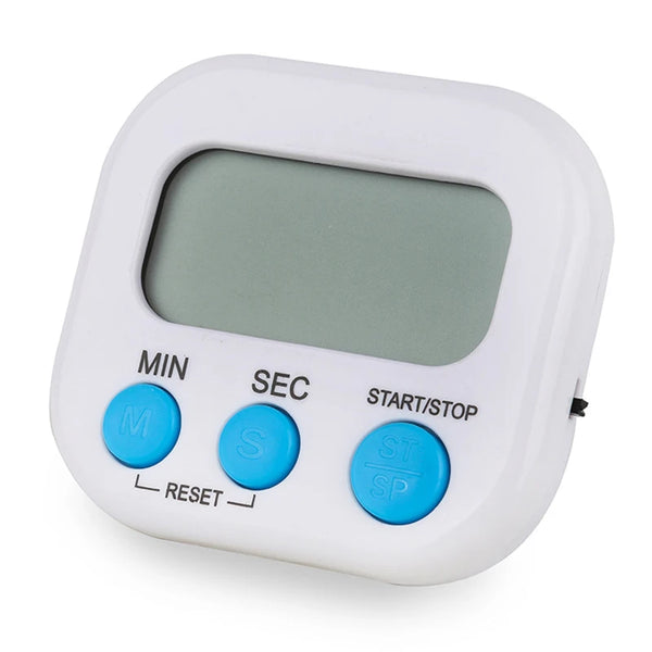 Weißer magnetischer digitaler Küchentimer mit hellgrauer Anzeige und Tasten für Min, Sek, Start/Stopp und Zurücksetzen.