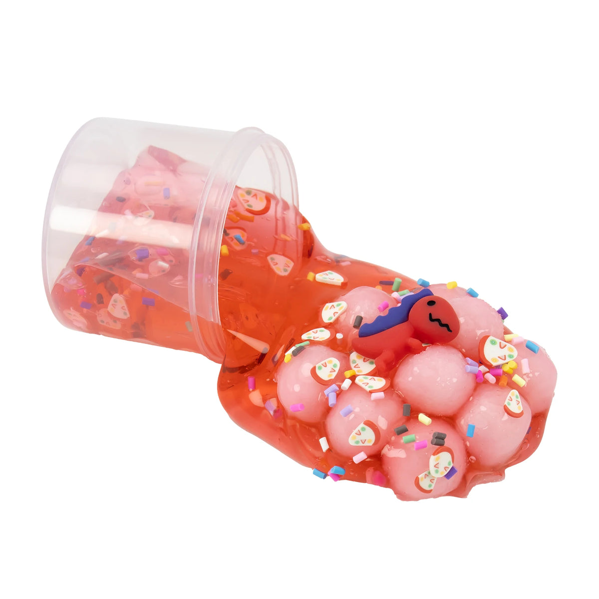 A clear plastic container filled with bright orange jelly cubes and colorful sprinkles.