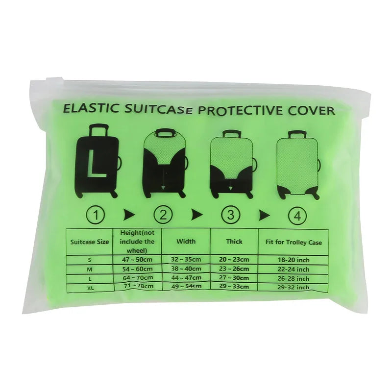 A package of elastic suitcase protective covers labeled with size options S, M, L, and XL.