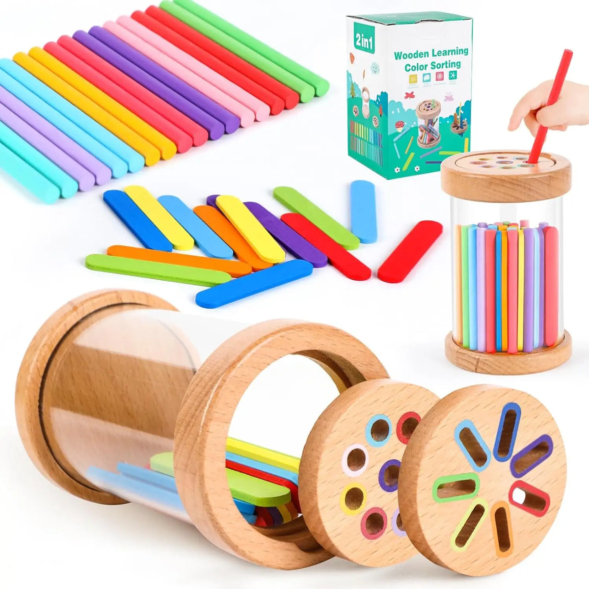A set of wooden color sorting toys and a learning box for toddlers featuring various colored rods and sorting discs.