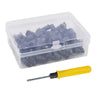 A clear plastic storage case containing tubeless tire puncture repair tools and a yellow screwdriver.