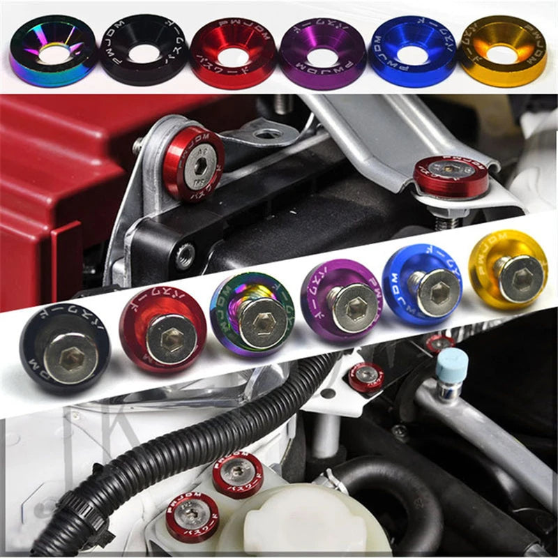 A collection of colorful aluminum JDM fender washers and bolts shown in various angles and colors.