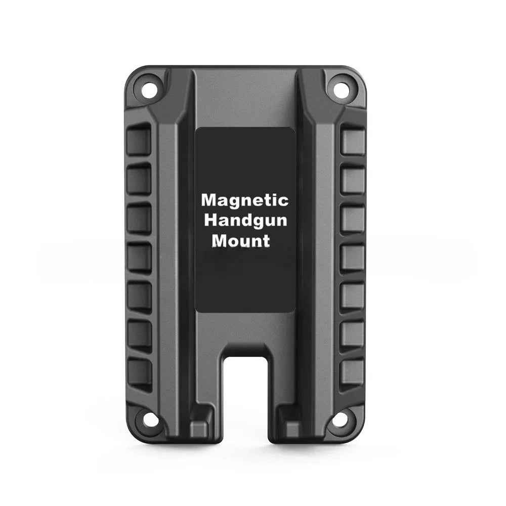 A black magnetic handgun mount with a quick-release lock for car and home use.