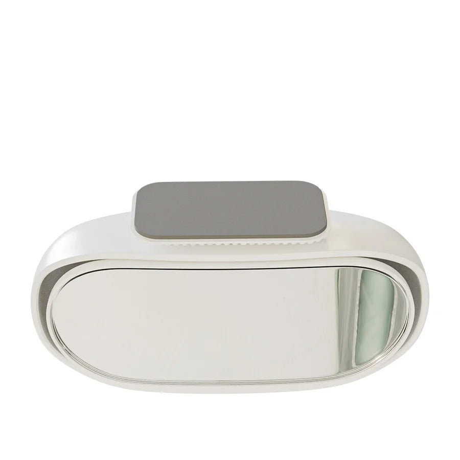 A round, white car blind spot mirror with a gray adjustable angle cover.