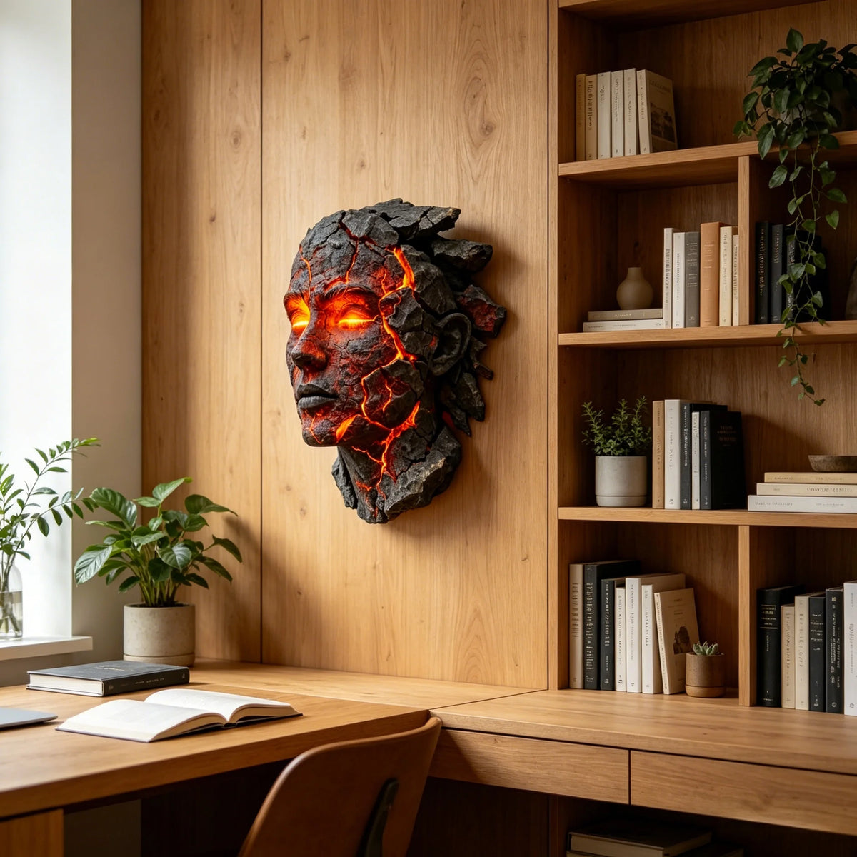 A dark, cracked soul-like sculpture with glowing orange and red accents hangs on a wooden wall above a light wood desk.