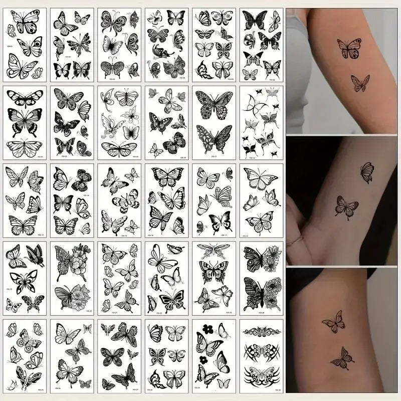 Colección de pegatinas temporales con diseños de luna, estrella, diablo y flor.