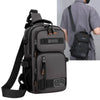 A dark gray multifunctional chest bag worn by a man, shown in detail and on a person's back.