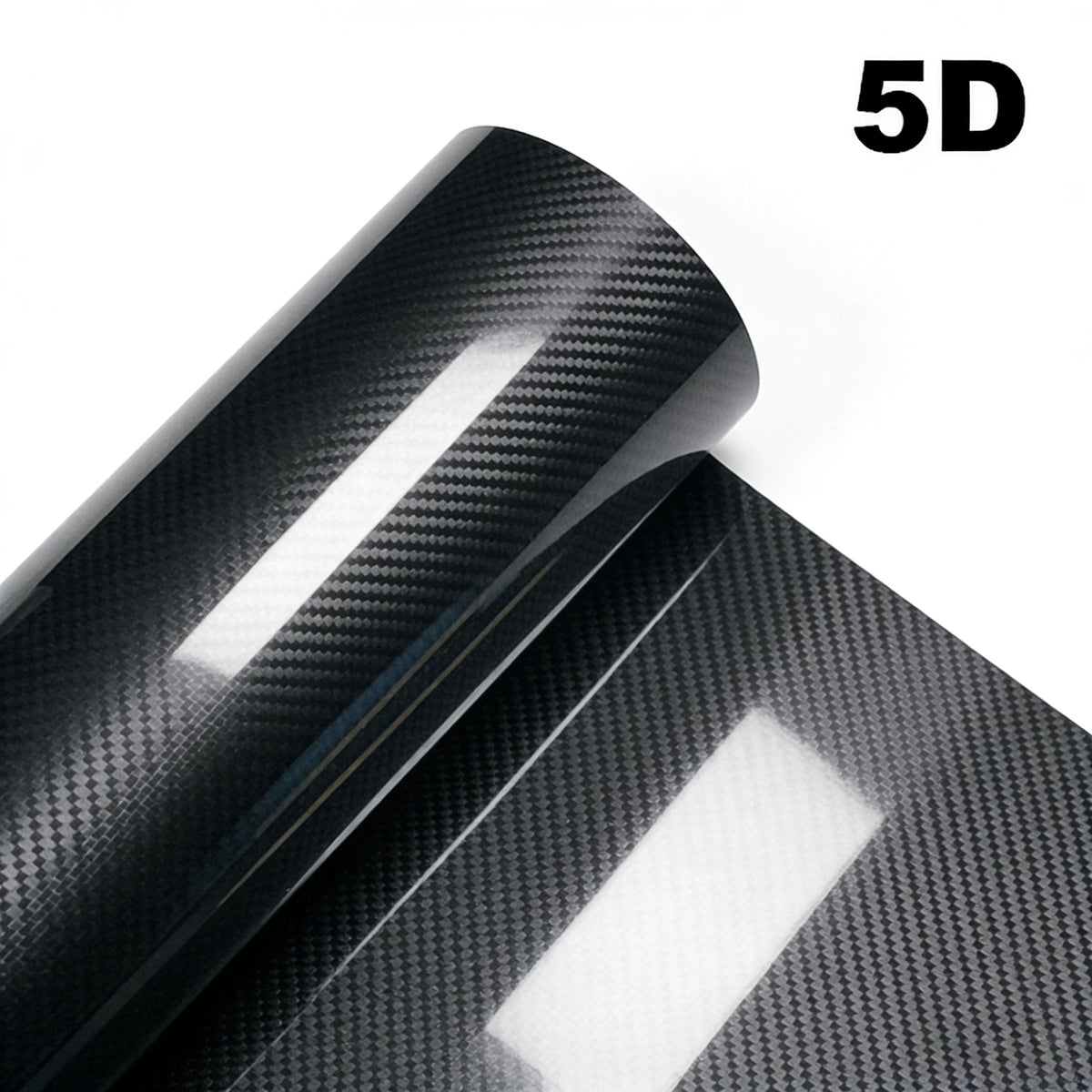 Glossy black carbon fiber vinyl wrap film rolled up, showing a textured surface and a reflective sheen.