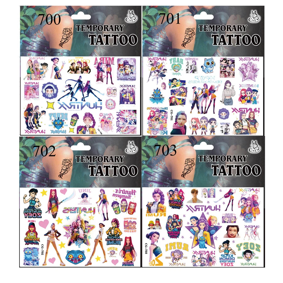 A set of seven temporary tattoos featuring K-Pop themed designs for birthday parties