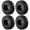 A set of four black mud terrain rubber tires for RC crawlers, featuring knobby treads.