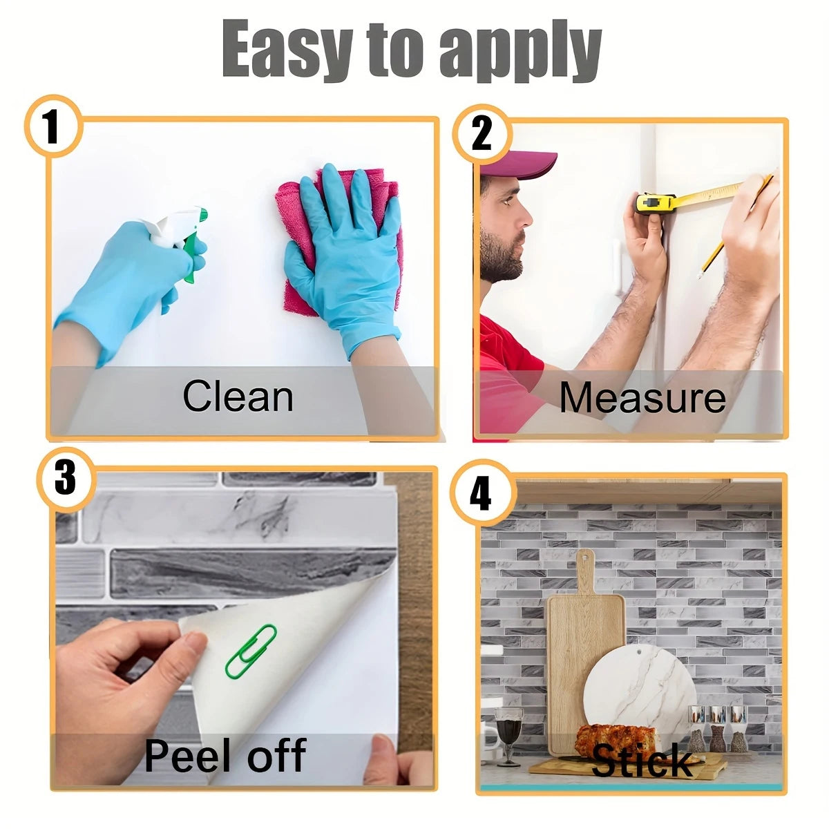 Four steps showing how to easily apply self-adhesive marble texture PVC tiles for walls and kitchens