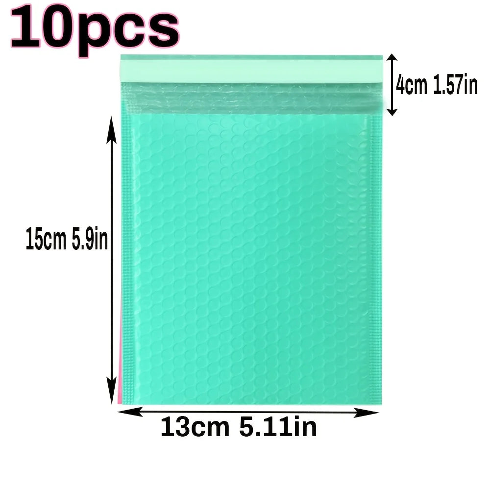 A package of 10 clear, light turquoise self-seal padded bubble mailers.