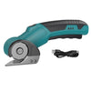 A teal and black cordless rotary scissors tool with a safety lock attachment and power cord.