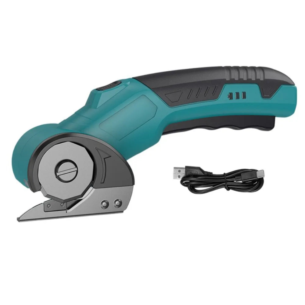 A teal and black cordless rotary scissors tool with a safety lock attachment and power cord.