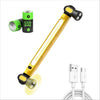 A yellow magnetic rechargeable COB work light with a hook and power bank is shown next to its components.