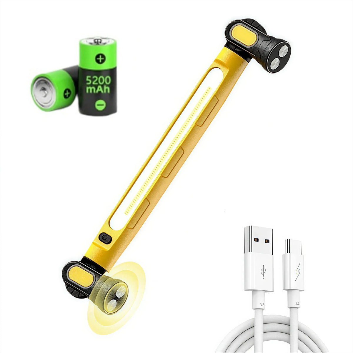 A yellow magnetic rechargeable COB work light with a hook and power bank is shown next to its components.