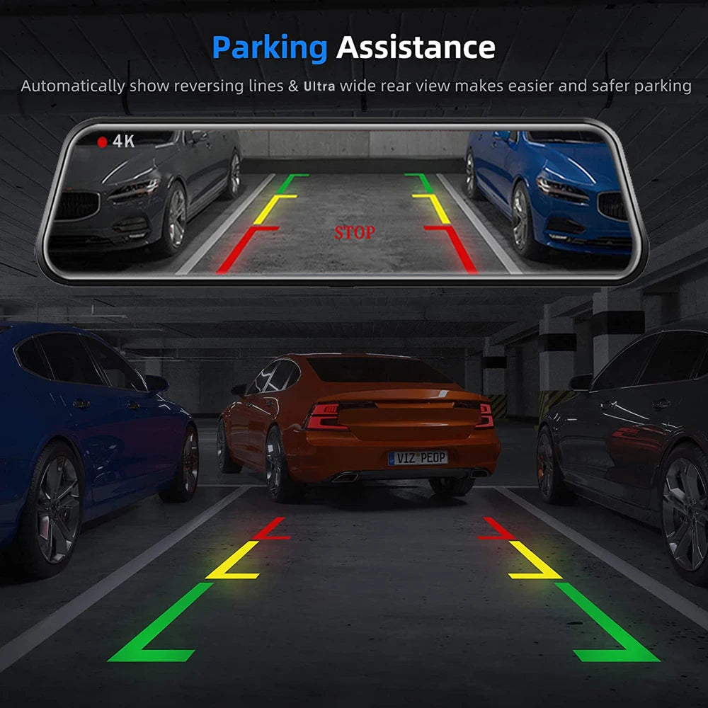 A car interior view showing a 4K rearview mirror with automatic reversing lines and ultra wide rear view for parking assistan