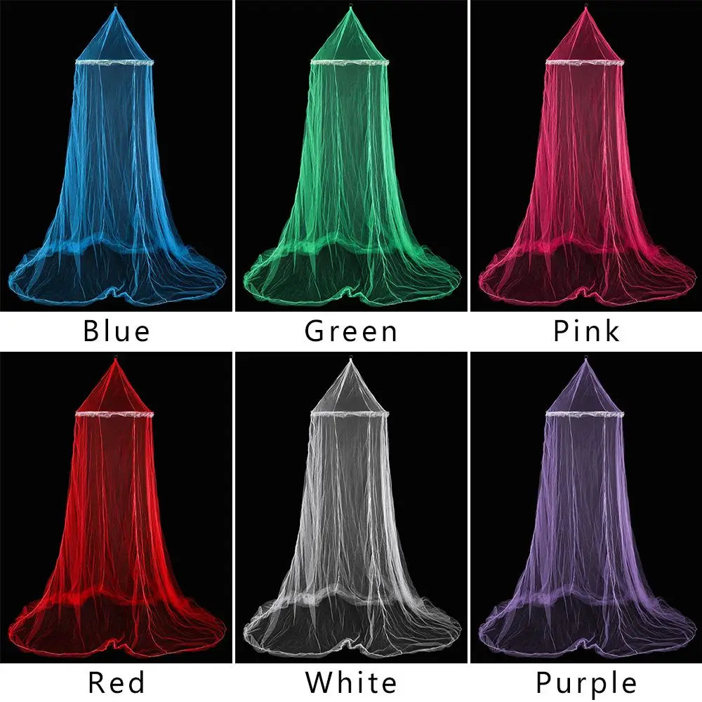 A grid showing various colors of an elegant lace canopy mosquito net for bed, including blue, green, pink, red, white, and pu