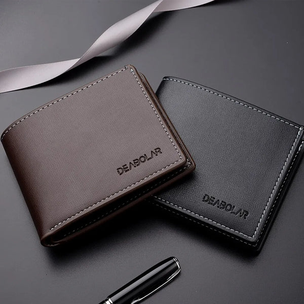 A dark brown slim PU leather folding wallet with black stitching and a black card holder resting on a dark surface.