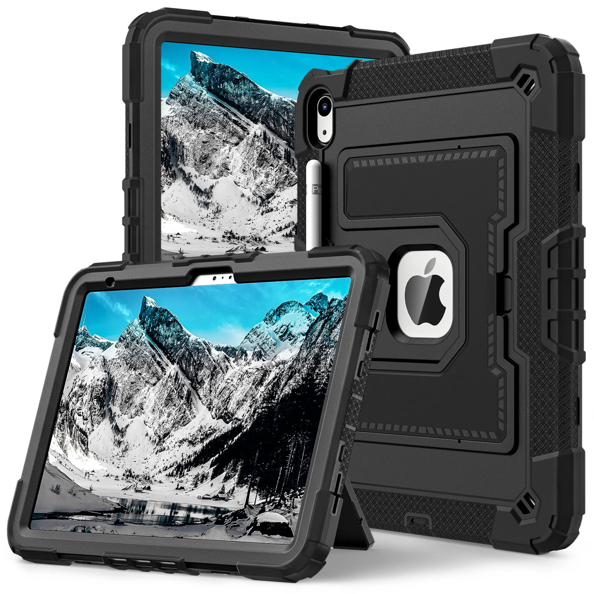 A black protective case is shown with an iPad screen inside, alongside a matching black protective cover.