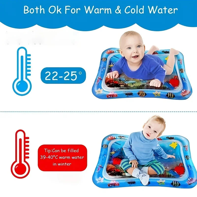 A baby is playing on an inflatable water play mat designed for warm and cold water sensory development.
