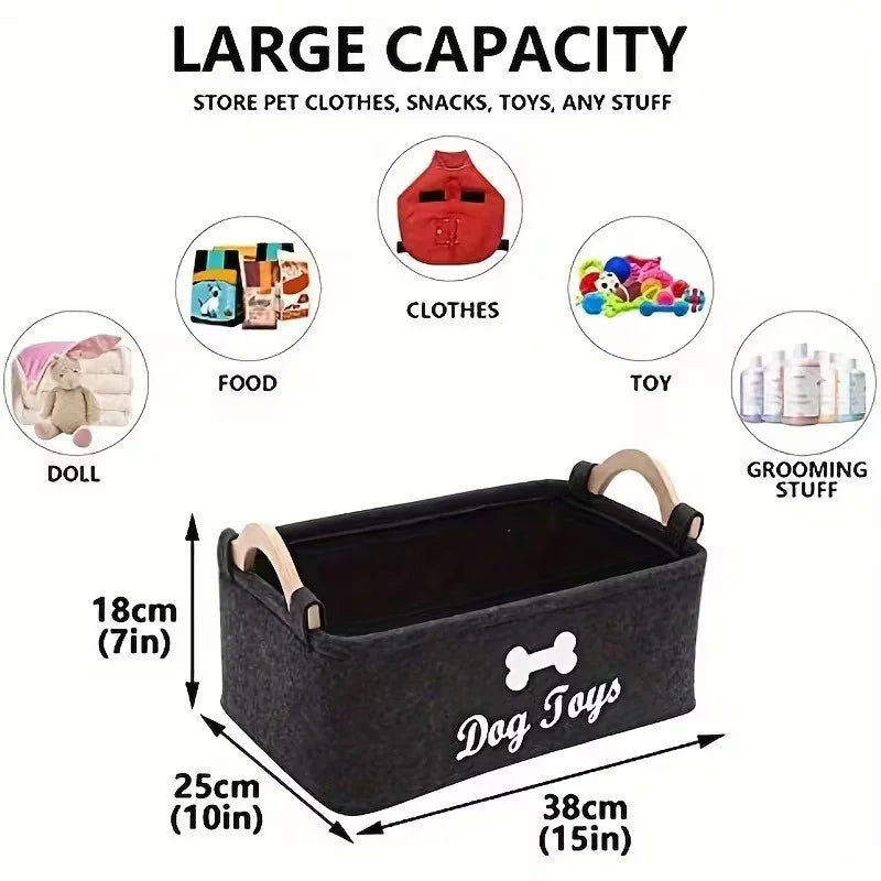 A large black felt storage basket designed to hold pet clothes, snacks, toys, and grooming items.