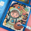 A colorful illustration of a child in a green astronaut suit surrounded by space elements in a drawing book.