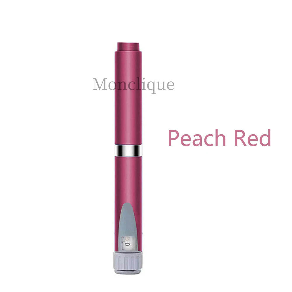 A pink Monclique reusable metal injection pen with a peach red color and silver accents.