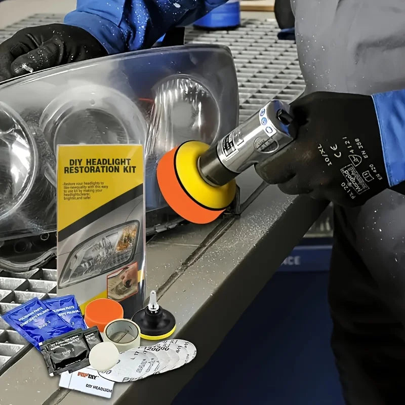 A hand is applying a DIY headlight restoration kit to a car headlight lens.