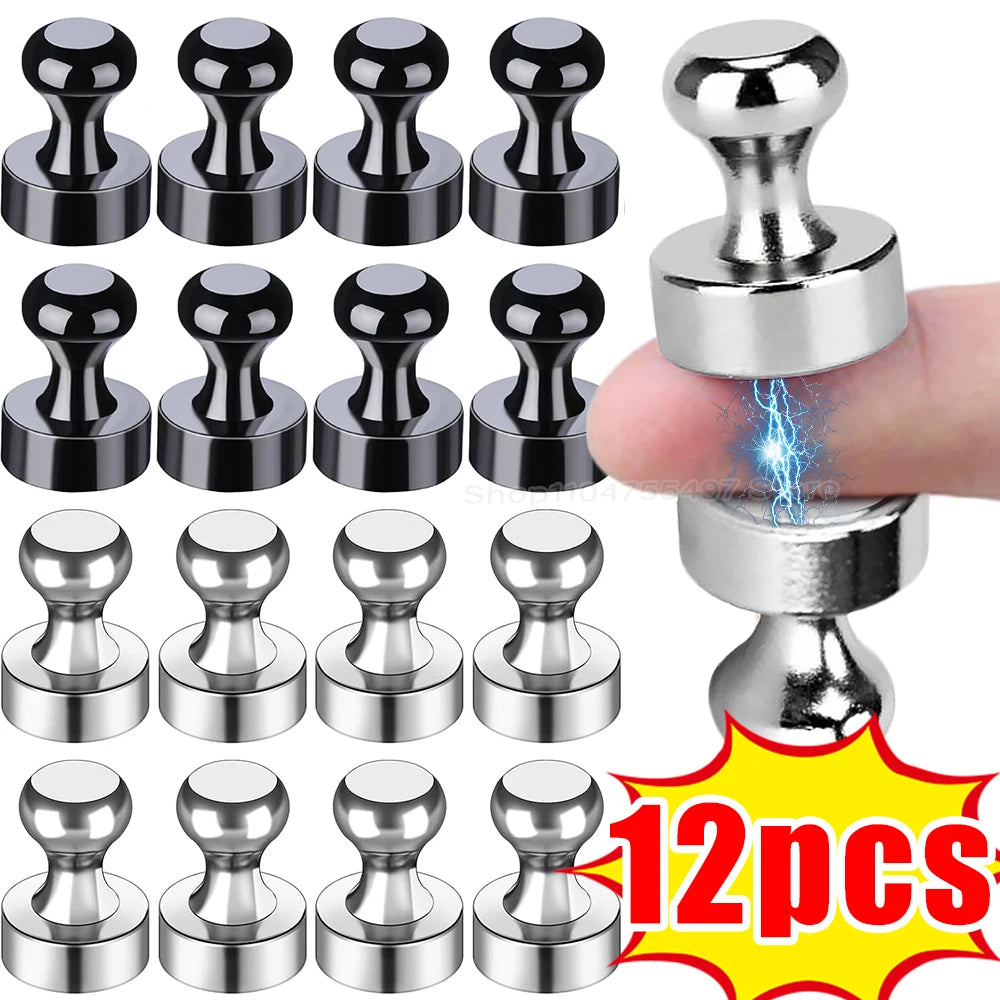 Twelve silver neodymium magnetic pushpins used for fastening items on whiteboards and surfaces