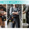 A man wearing a heavy-duty tool belt is shown working with a chainsaw and other tools in a construction or utility setting.