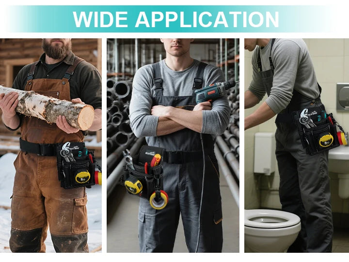 A man wearing a heavy-duty tool belt is shown working with a chainsaw and other tools in a construction or utility setting.