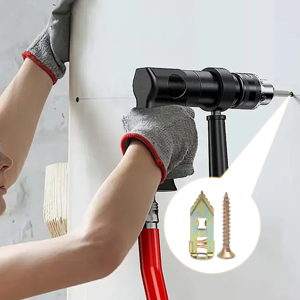 Eine Hand verwendet ein Werkzeug, um Schwerlast-Selbstbohr-Dichtungen in eine Wand zu installieren.