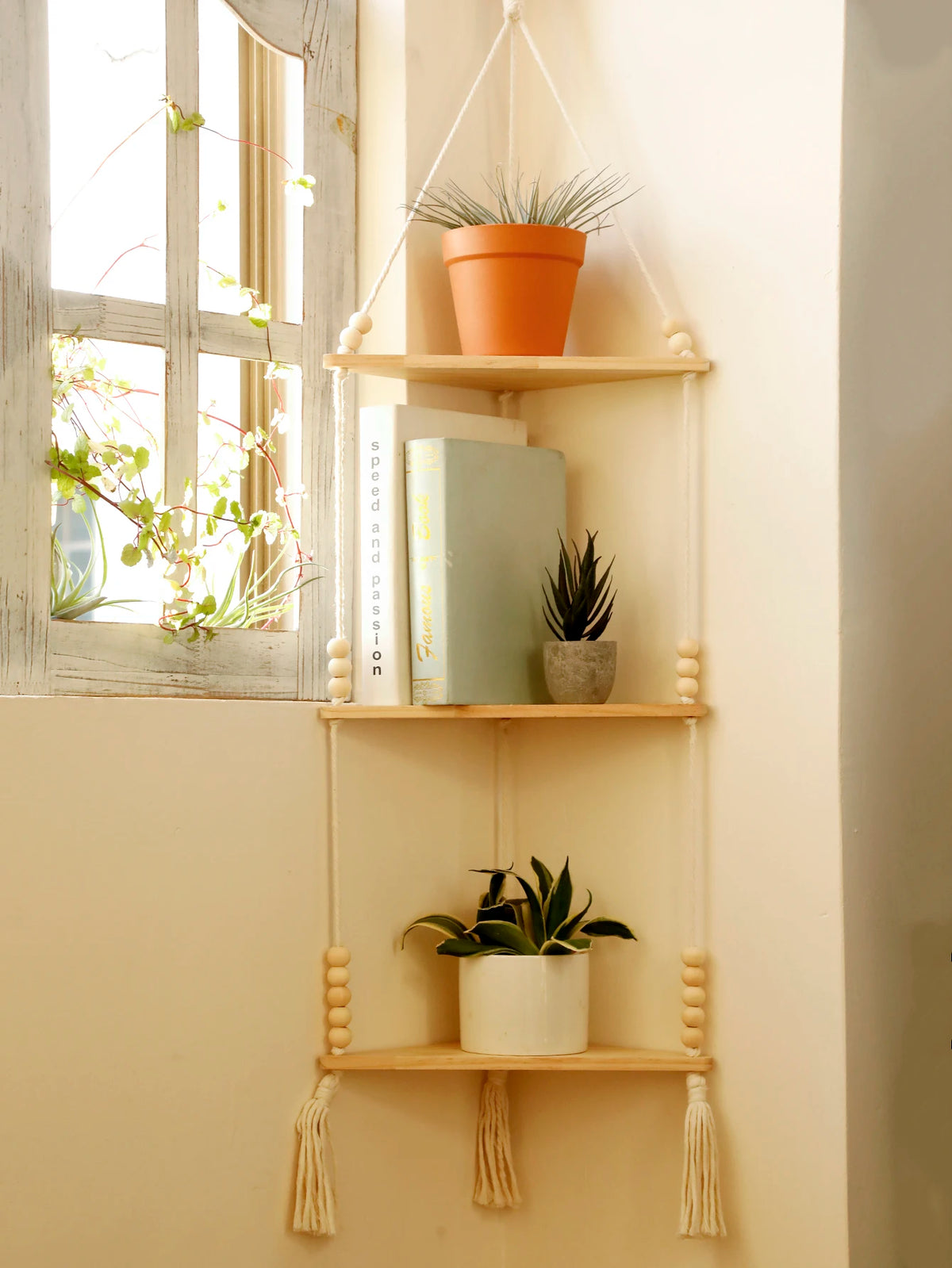 Triangle Wood Floating Wall Shelf with Macrame Rope