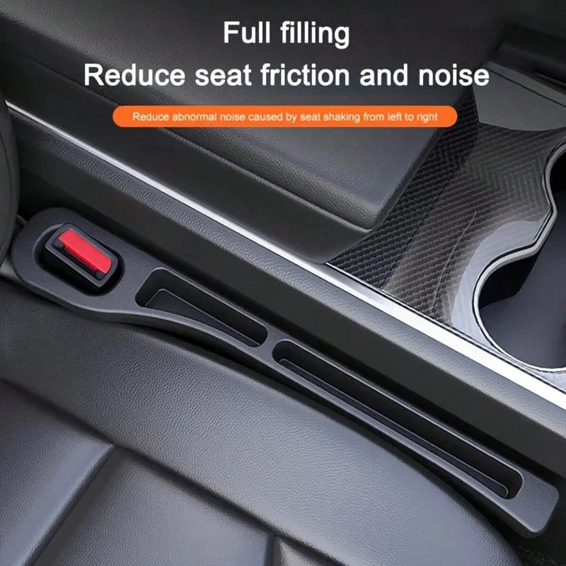 Car seat gap filler organizer with grooves shown in a car interior, designed to reduce seat friction and noise.