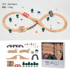 Wooden train track expansion pack showing various wooden pieces and assembled tracks for building models
