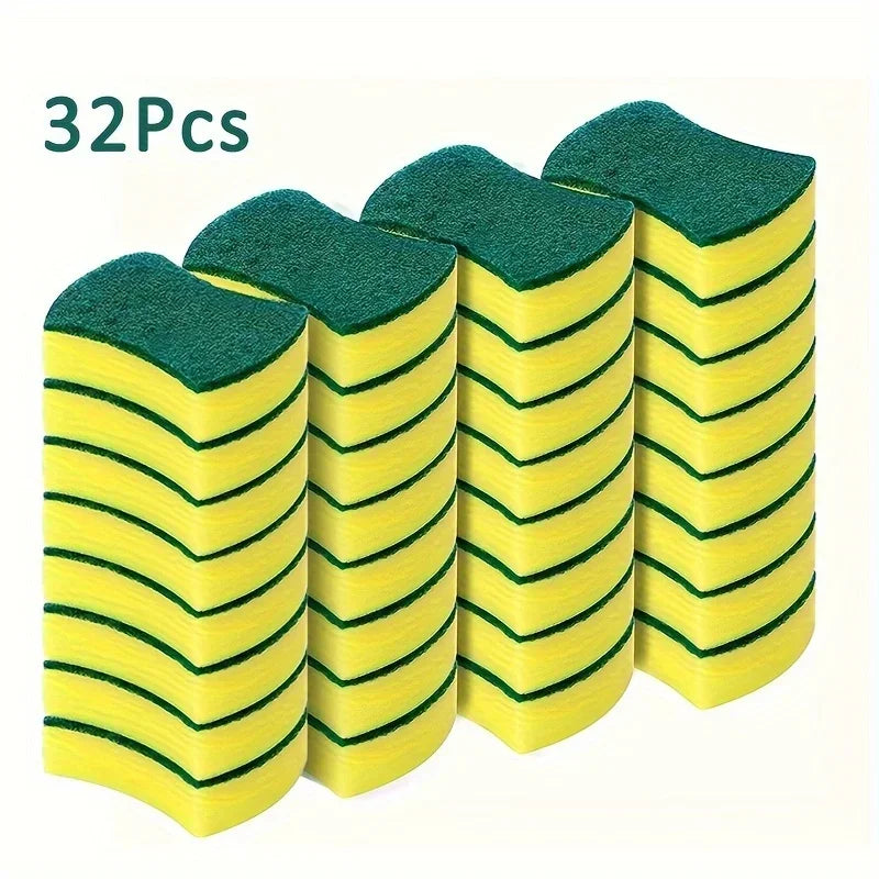 A set of 32 double-sided cleaning sponges in green and yellow.